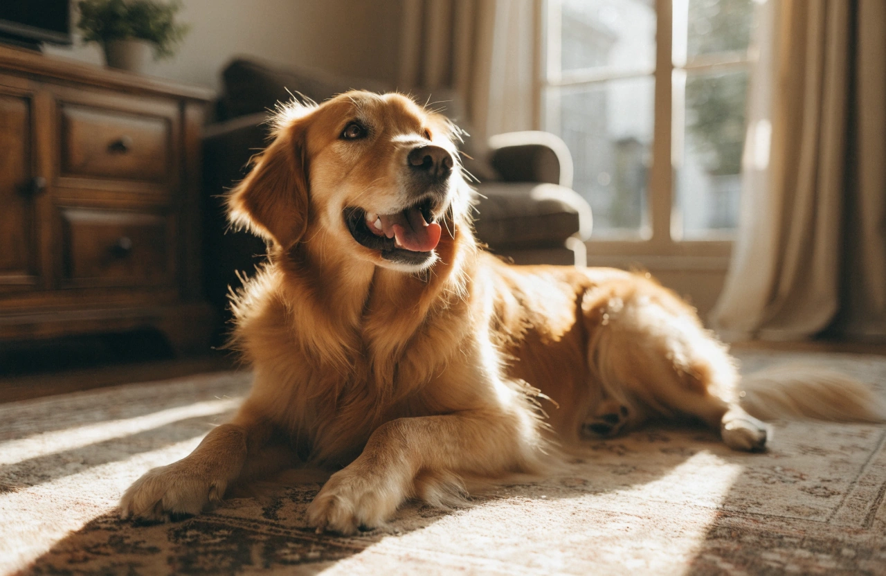 A relaxed, happy golden retriever resting calmly in warm sunlight